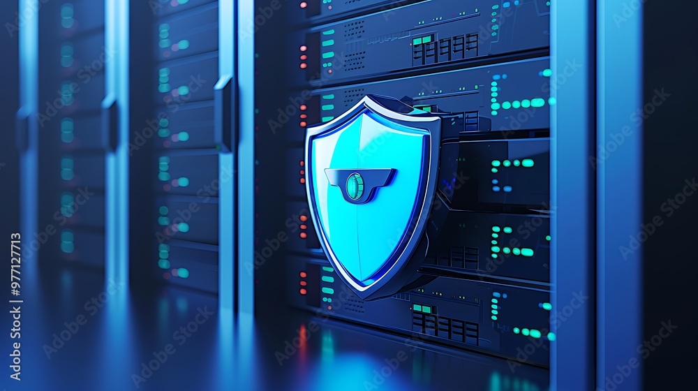 Poster a modern data center with a digital shield symbolizing cybersecurity and data protection on server r