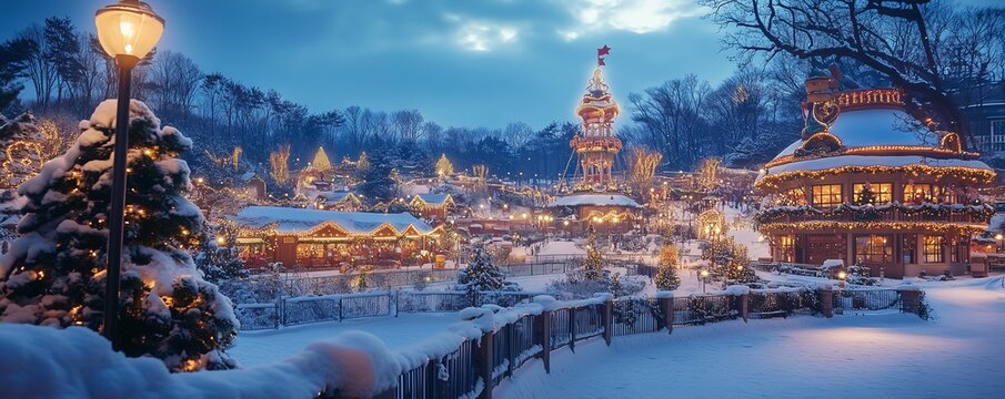 A winter scene at Everland Theme Park, with the park's gardens covered in snow and twinkling Christmas lights