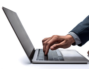 close up casual hand typing on laptop computer isolated on white background