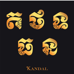 Golden elegant letter G, H, I, J, K, L with Thai and khmer art elements. Vector