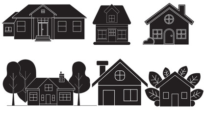 Vector cottage silhouette set with rustic charm, perfect for scenic landscapes.