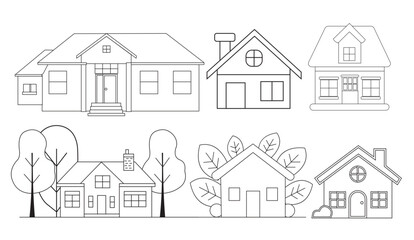 Charming line art illustration of a cozy cottage-style house with vintage details.