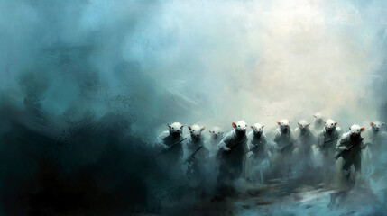Fototapeta premium Army of rats is marching through fog