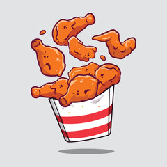 Vector illustration of crispy fried chicken floating in the air, on a red and white striped paper bag