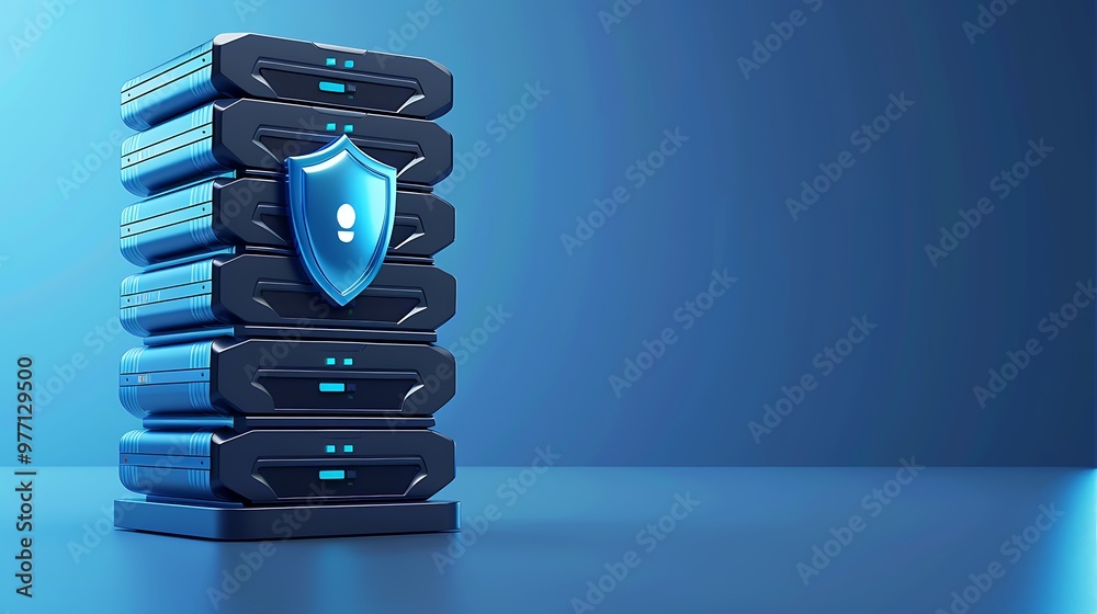 Poster a modern data server with a security shield, representing advanced technology and data protection in