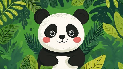 Naklejka premium Funny cute panda on green background with leaves