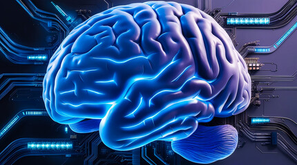 close-up representation of a human brain, illuminated with a soft, blue-grey glow, merging seamlessly with futuristic technological elements