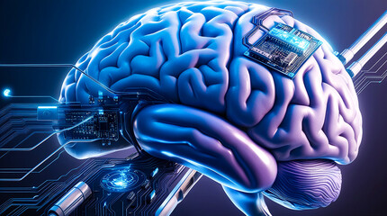 close-up representation of a human brain, illuminated with a soft, blue-grey glow, merging seamlessly with futuristic technological elements