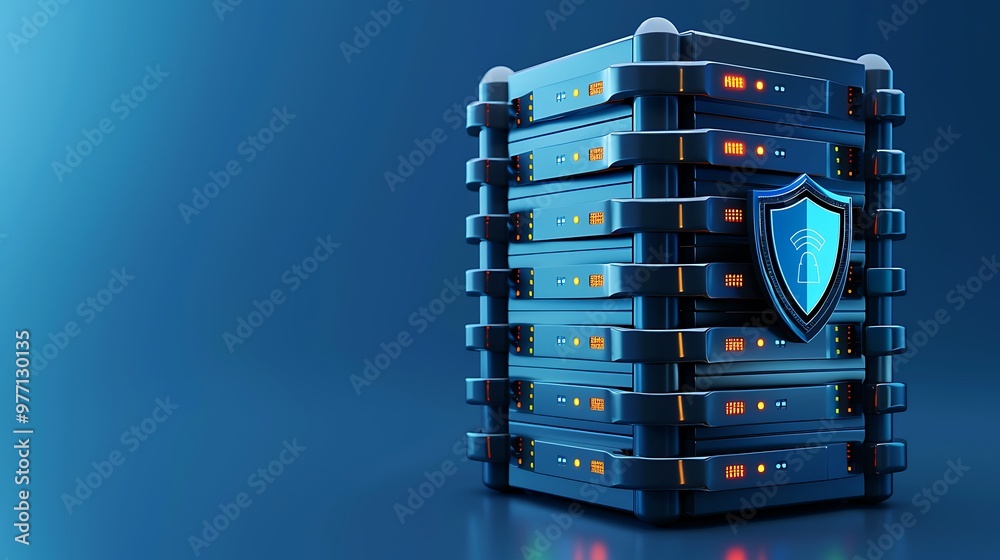 Poster a modern data server with security features, representing data protection and digital storage techno