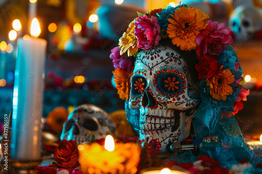 Wall mural beautiful greeting card with bright holiday composition for happy to joy celebrate dia de muertos