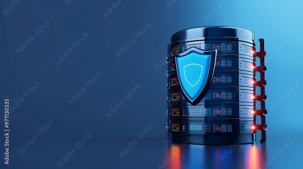 Poster a modern data storage concept depicting a secure database with a shield symbol, representing cyberse