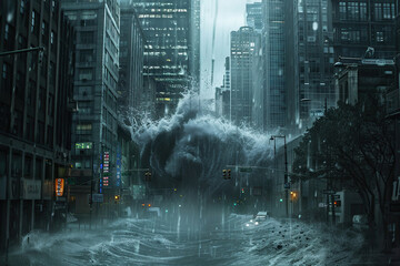 Obraz premium Generative ai on theme of a scary tsunami with huge foamy wave, apocalyptic dramatic background