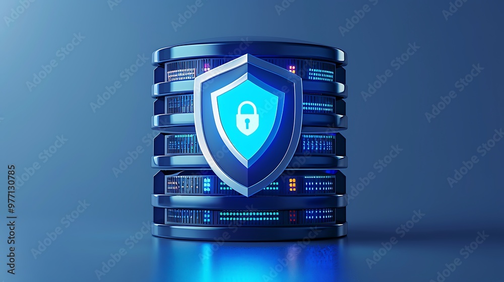 Poster a modern database protected by a digital shield, symbolizing security and data protection in technol