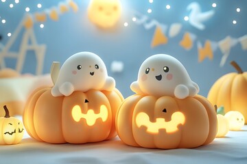 Charming Carved Pumpkins and Friendly Ghost Shaped Nightlights in Festive Halloween Nursery Decor