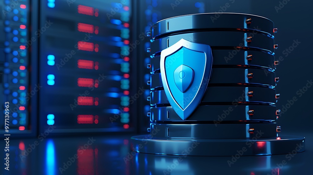 Poster a modern database with a security shield, symbolizing data protection and cybersecurity in a vibrant