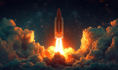 A rocket launches into the vibrant sunset sky, surrounded by billowing clouds and a backdrop of distant stars and glowing lights.