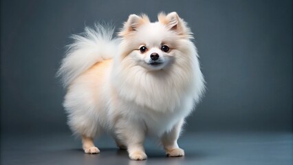 Fluffy white Pomeranian dog boasts a dapper face trim and a majestic poofy tail, commanding attention and affection.