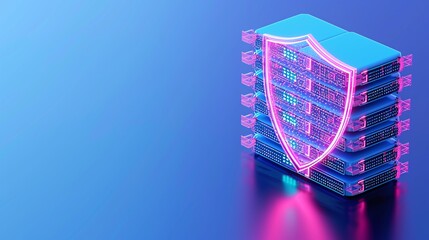 Obraz premium A modern digital shield representing cybersecurity protection for data servers in a futuristic design with neon colors.