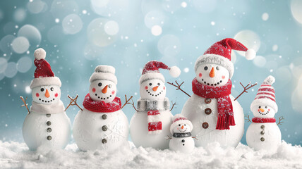 Adorable and happy snowman family Standing Together in a Snowy Winter Landscape