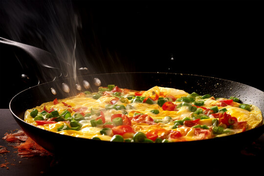 cooking omlet in pan on black background