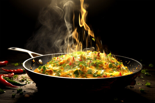cooking omlet in pan on black background