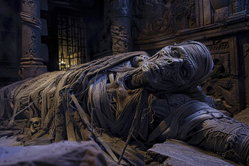 Fototapeta premium Scary sinister mummy wandering in street with dramatic lighting on celebration holiday Halloween