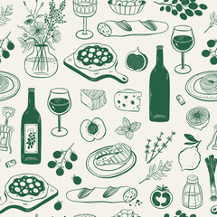 Mediterranean Cuisine Seamless Pattern. Hand Drawn Food Background for Menu design.
