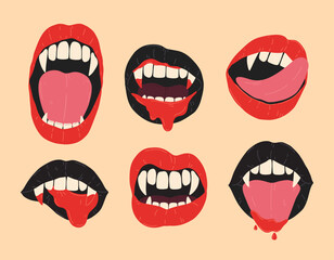 Halloween set vampire open mouth with fangs and tongue. Female red and black lips with long pointed canine teeth and blood. Vector flat Illustration. Mystery design collection.