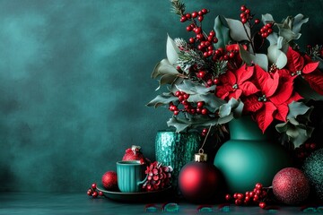 festive holiday arrangement with red poinsettias and green decor