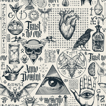 Vintage hand-drawn seamless pattern on occultism, masonic and witchcraft. Abstract background. Latin phrases translated Think about death, From Nativity of Christ