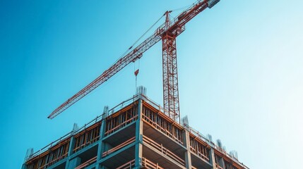Fototapeta premium An industrial crane, standing tall against a clear blue sky, orchestrates the construction site's efforts with precision and strength. 