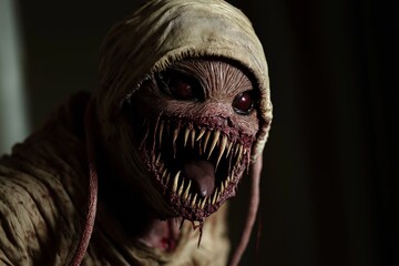 A creepy monster with a mouth full of teeth and a tongue sticking out. The monster is wearing a white hooded robe