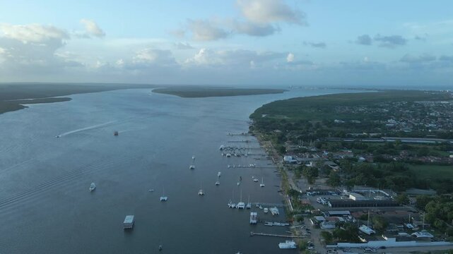 Sailboats Docked At Para&iacute;ba River Near The Coastal City Of Jo&atilde;o Pessoa In Eastern Brazil. Aerial Shot