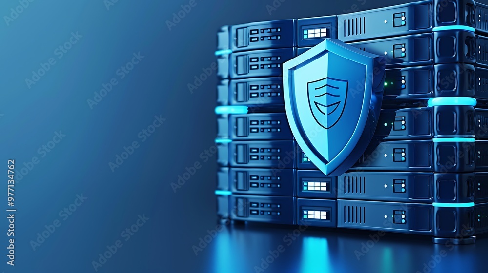 Poster a modern server stack with a shield symbolizing data security, featuring blue lighting and advanced 