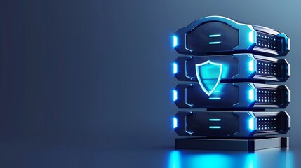 A modern server stack with blue lights and a security shield, symbolizing data protection and technology advancement.