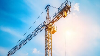 Bathed in the light of a blue sky, an industrial crane operates with precision at the construction site. 