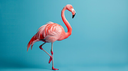 Fototapeta premium Flamingo stands in full view against a soft blue studio background with soft lighting, highlighting its bright feathers and graceful pose. AI generative