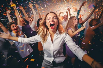 Obraz premium a woman is dancing at a party with her arms in the air