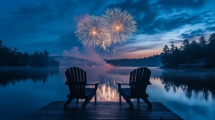 Naklejka premium Canada Day celebration fireworks light up the sky over Muskoka Lake, Ontario, as two Adirondack chairs on the dock offer a front-row seat to the spectacular show