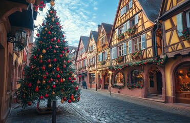 Fototapeta premium Beautiful Christmas tree in front of a half-timbered house, decorated with ornaments and lights