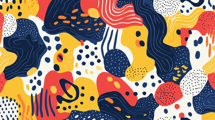 Colorful abstract pattern with organic shapes in vibrant hues of red, yellow, navy, and cream