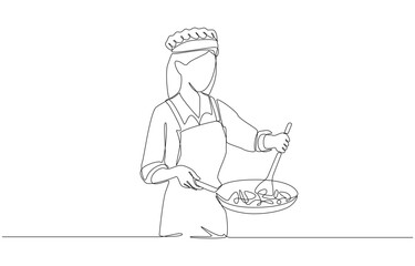 Continuous one line drawing of female street food vendor stir-frying food, single line art.
