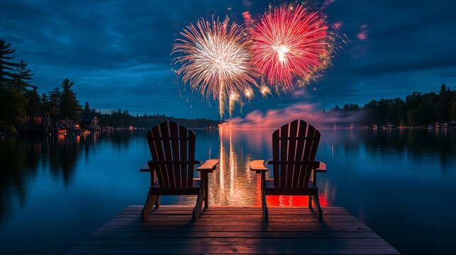 Canada Day celebration fireworks light up the sky over Muskoka Lake, Ontario, as two Adirondack chairs on the dock offer a front-row seat to the spectacular show