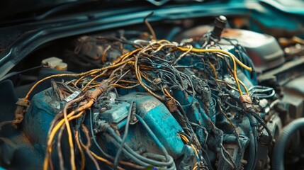 Detailed view of a car engine's wiring with damage caused by rats, including chewed cables and exposed wires. 