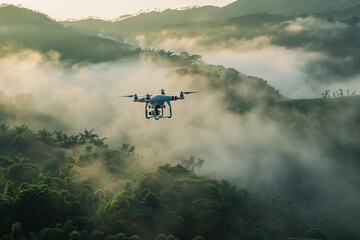 Fototapeta premium Drone flying in the sky over nature during observation