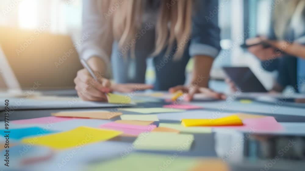 Poster team members engaged in a planning session using colorful sticky notes on a glass wall in a modern o