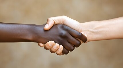 A handshake between two people with different skin tones