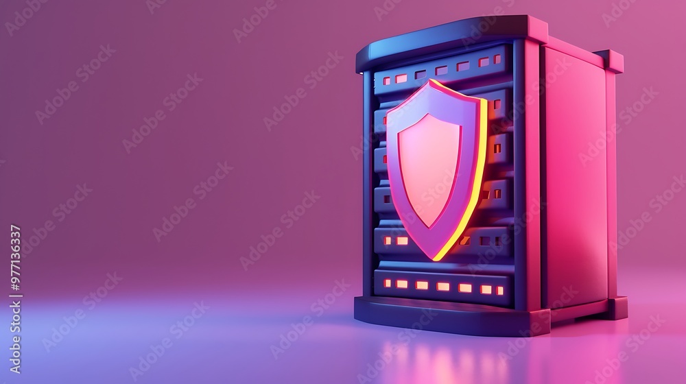 Poster a modern server with a shield symbol, representing cybersecurity and data protection. ideal for tech