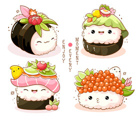 Set of cute sushi and rolls in kawaii style with smiling faces. Japanese traditional cuisine dishes. Can be used for t-shirt print, sticker, greeting card, menu design. Vector illustration EPS8  