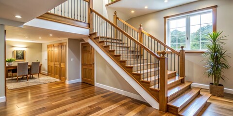 Fototapeta premium Modern wooden staircase with banisters and steps, leading to a second floor